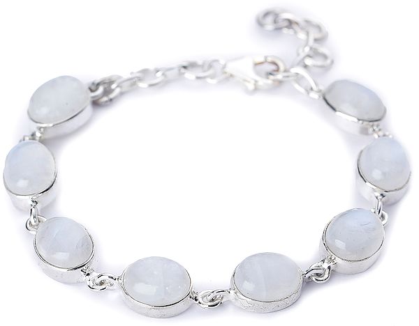 Rainbow Moonstone (Cabochon) Studded Sterling Silver Bracelet with Lobster Clasp