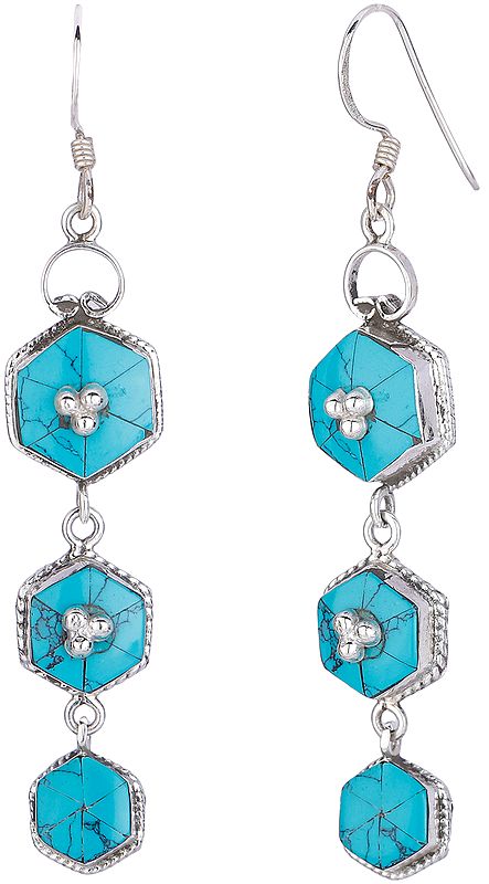 Sterling Silver Studded Hexagonal Dangling Earrings with Reconstituted Turquoise