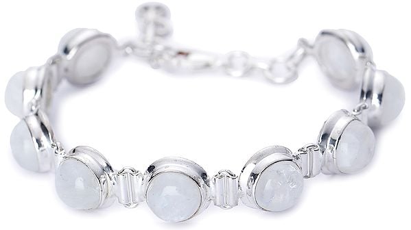 Round Rainbow Moonstone (Cabochon) Studded Sterling Silver Bracelet with Lobster Clasp