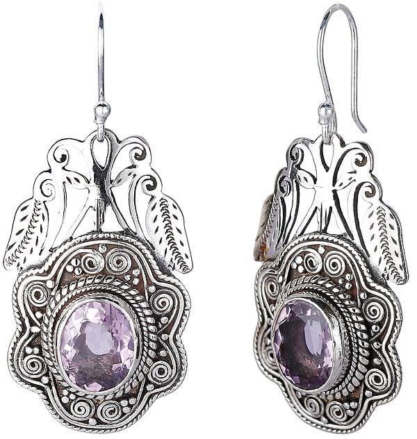 Sterling Silver Earrings with Oval Cut Faceted Amethyst
