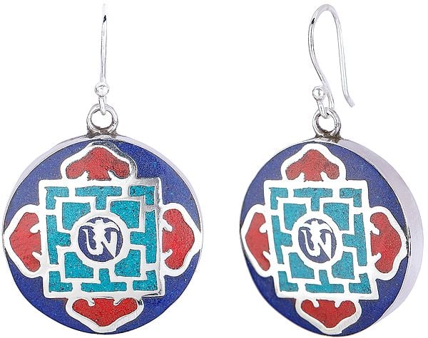 Swayanbhunath Stupa Eyes (Wisdom Eyes) and Buddhist Om Mandala Earrings with Coral Turquoise and Lapis Lazuli from Nepal