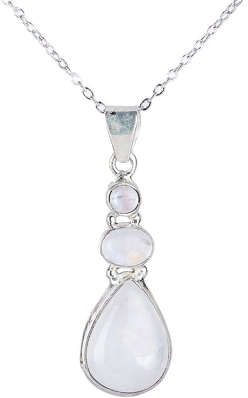 Drop Shaped Dangling Rainbow Moonstone (Cabochon) Studded Sterling Silver Pendant