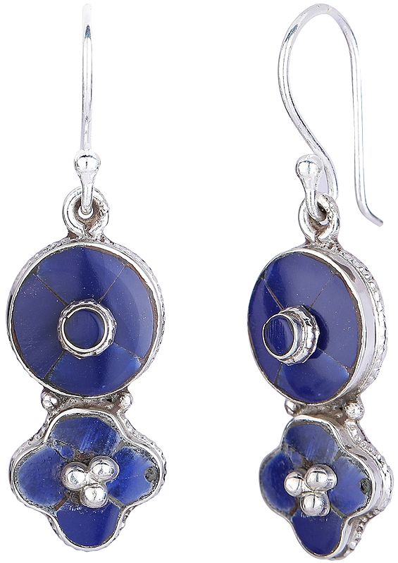 Flower Shaped Dangling Lapis Lazuli Studded Sterling Silver Earrings