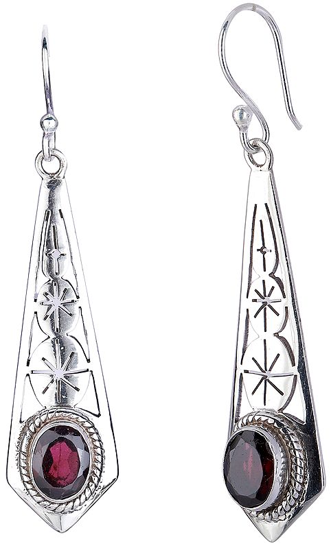 Faceted Oval Garnet Studded Geometric Sterling Silver Earrings