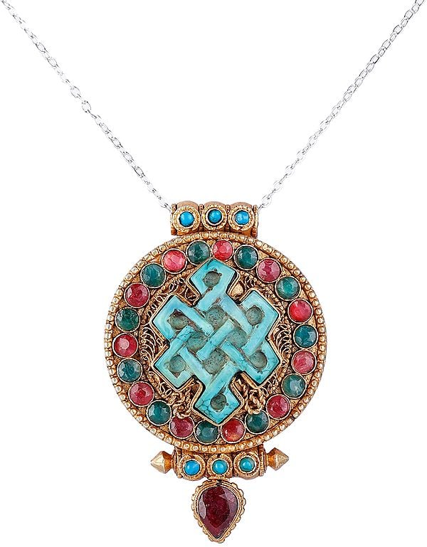 Gold Plated Filigree Gau Box Pendant with Ruby Coral and Endless Knot Shaped Turquoise