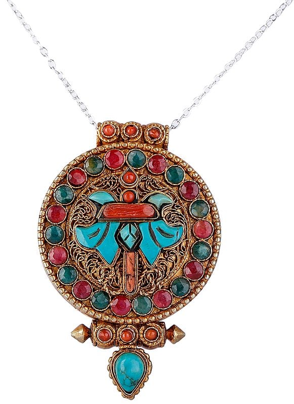Gold Plated Filigree Gau Box Pendant with Ruby Coral and Turquoise from Nepal