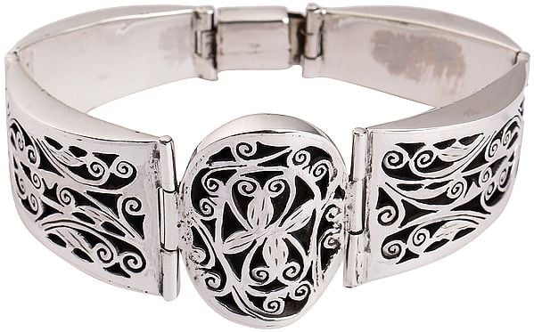 Fine Engraved Floral Design Cuff Bracelet with Lock Closure