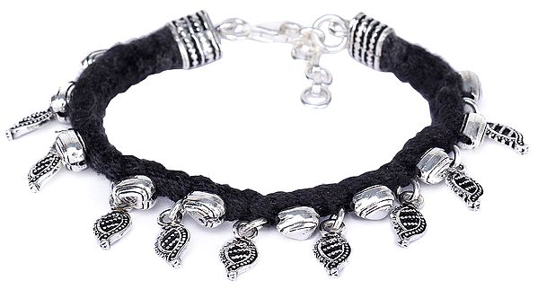 Sterling Silver Leaf and Heart Bracelet with Black Cord (Adjustable)