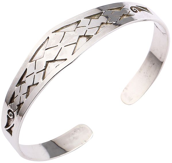 Sterling Silver Cuff Bracelet with Geometric Design from Nepal (Adjustable Size)