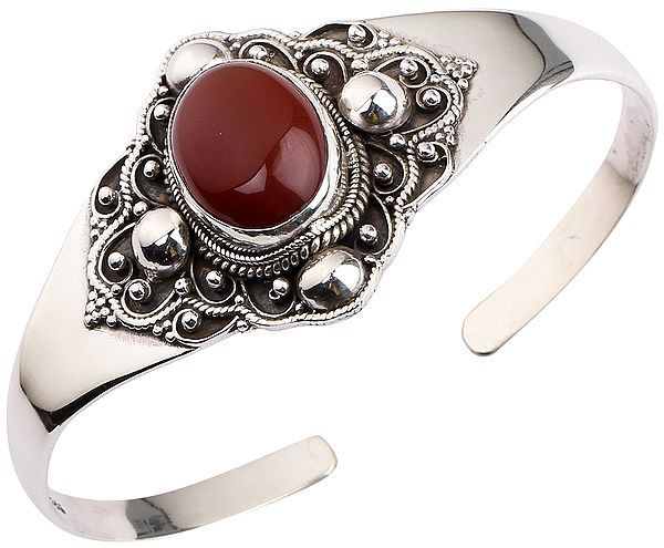 Sterling Silver Cuff Bracelet with Oval Canelian (Red Onyx)(Adjustable Size)