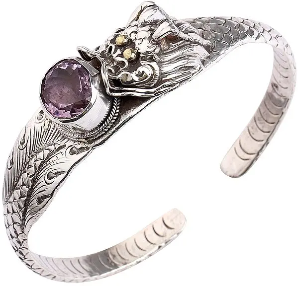Dragon Cuff Bracelet with Faceted Oval-Cut Amethyst as the Brooch (Adjustable Size)