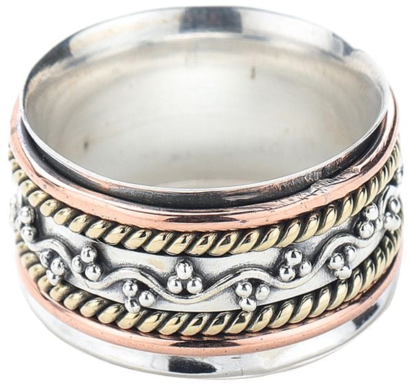 Sterling Silver Three Tone Meditation Spinner Ring with Floral Vines