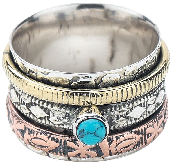 Sterling Silver Three Tone Meditation Spinner Ring with Turquoise Stone