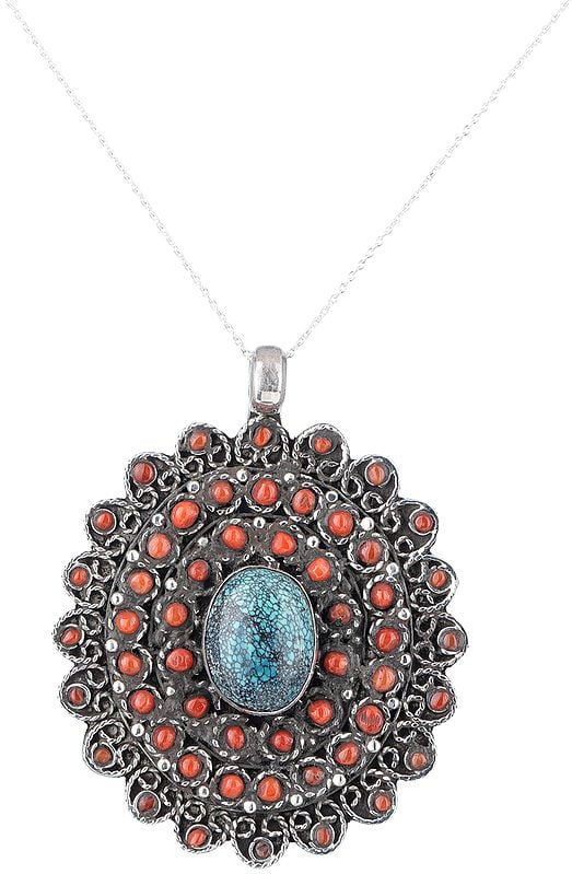 Nepali Work Jewelry Blue Turquoise Red Coral Sterling silver overlay 95 Grams Necklace 18 Lapis