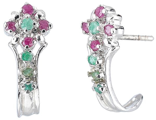 Emerald and Ruby Studded Sterling Silver Earrings
