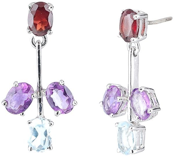 Tri-Color Sterling Silver Earrings Studded with Faceted Garnet, Amethyst and Blue-Topaz Gemstones