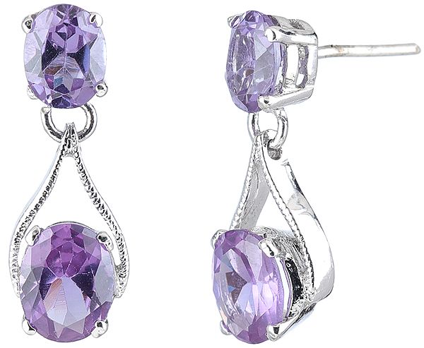 Faceted Oval Cut Amethyst Stones Pronged Sterling Silver Earrings