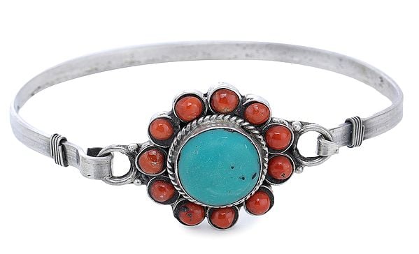 Sterling Silver Bracelet with Coral and Turquoise Gemstones