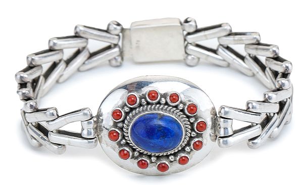 Sterling Silver Bracelet with Coral and Lapis Lazuli Gemstones
