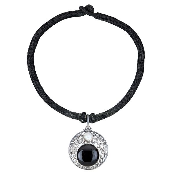 Sterling Silver Round Black-Onyx Pendant with Rope Necklace