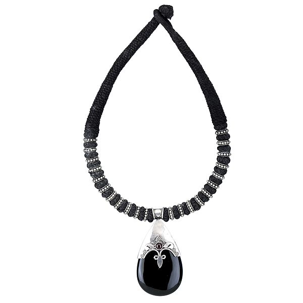 Rope Necklace with Stylized Black-Onyx and Sterling Silver Pendant