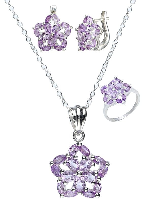 Sterling Silver Faceted Pendant, Earrings and Ring Set