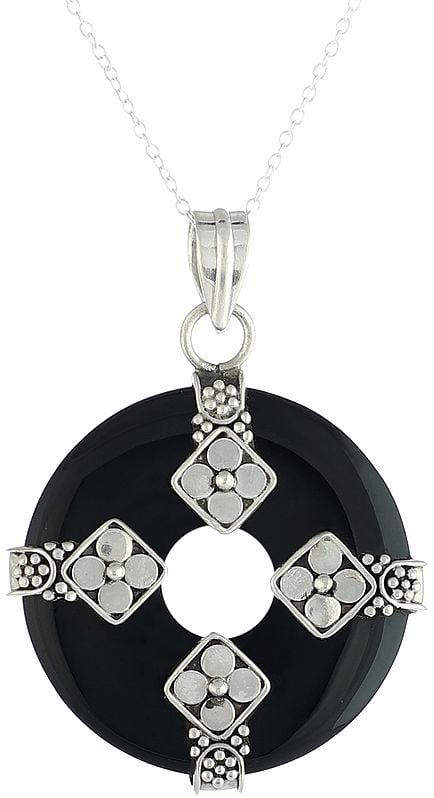 Sterling Silver Pendant with Round Black Onyx Stone