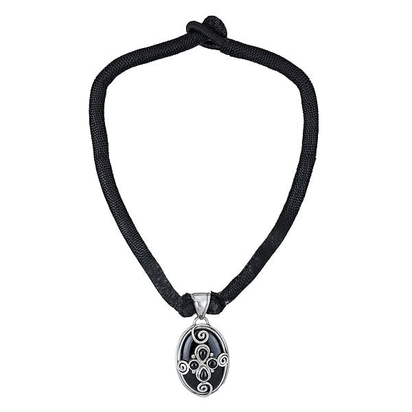 Rope Necklace with Sterling Silver and Black-Onyx Stone Pendant
