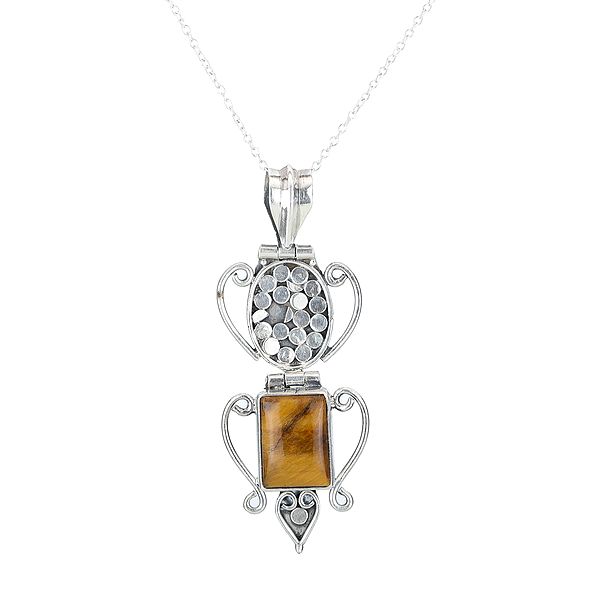 Sterling Silver Long Pendant with a Rectangular Tiger-Eye Stone