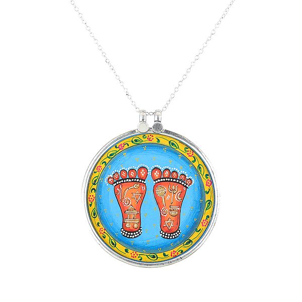 Sterling Silver Ringed Laxmi Charan Paduka Pendant (Handmade Painting)