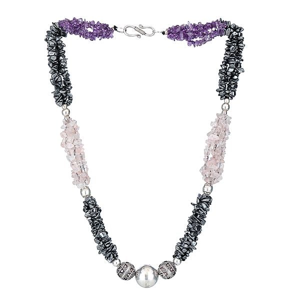 Sterling Silver Necklace with Amethyst, Gun Metal and Rose Quartz Stone
