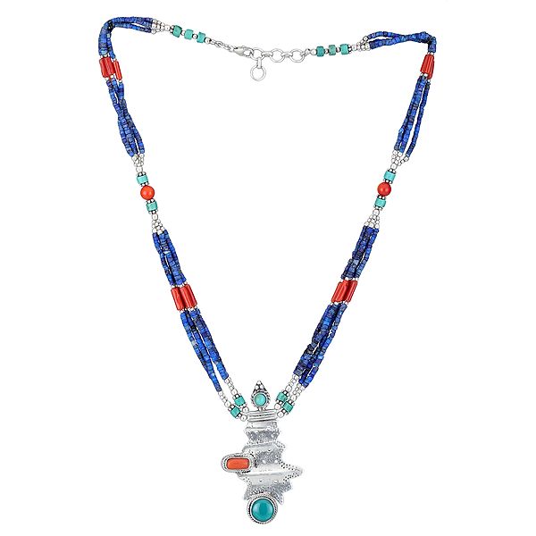 Sterling Silver Necklace with  Auspicious Turquoise, Coral and Lapis Lazuli Beads