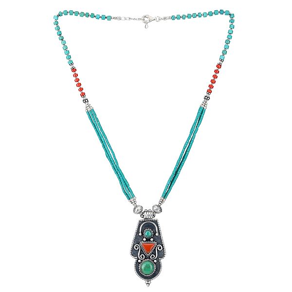 Turquoise and Coral Beaded Necklace With a Unique Pendant