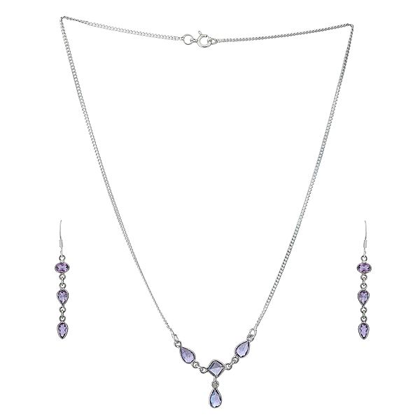 Sterling Silver Purple Bezel Stoned Necklace with Earrings Set