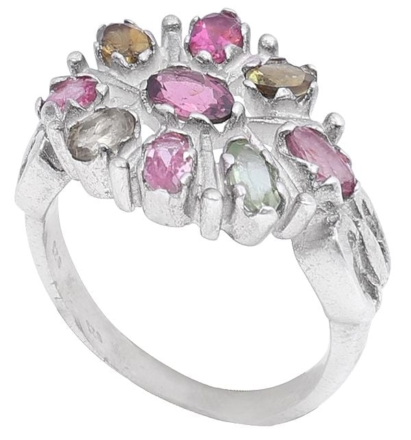Sterling Silver Ring Studded with Multi Colour Tourmaline Stones
