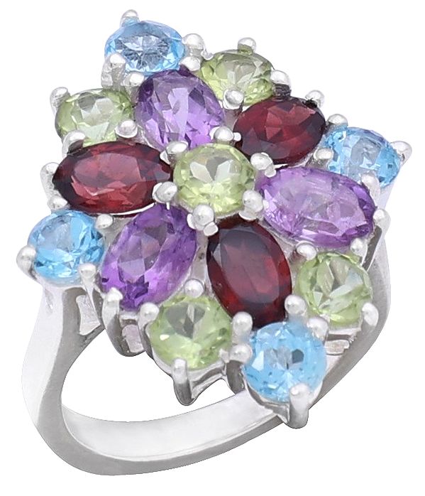 Designer Sterling Silver Ring with Peridot Garnet Amethyst and Blue Topaz