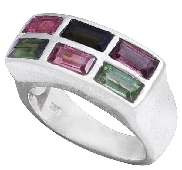 Sterling Silver Ring with Multi-Tourmaline Crystals