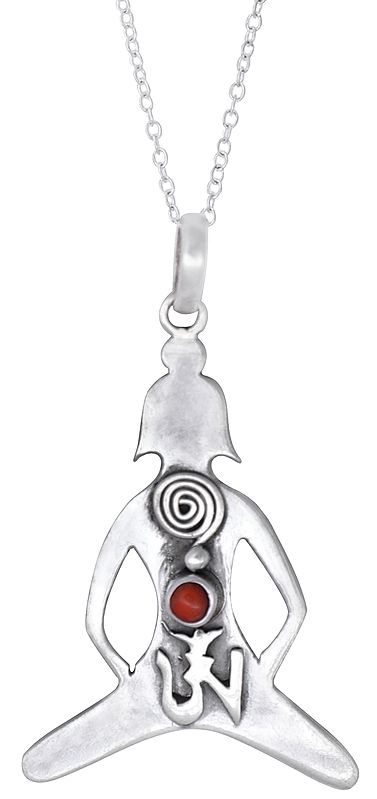Yoga Mudra Sterling Silver Pendant Studded with Red Coral Stone