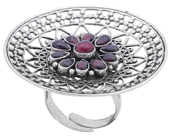 Big Designer Sterling Silver Ring with Ruby Gemstones