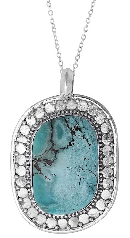 Large Turquoise Stone Studded in Designer Sterling Silver Pendant