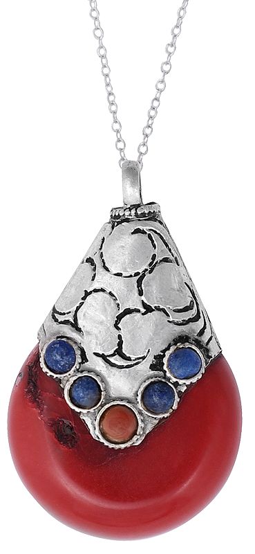 Sterling Silver Pendant with Red Coral and Lapis Lazuli