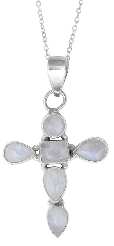 Sterling Silver Cross Pendant with Rainbow Moonstone