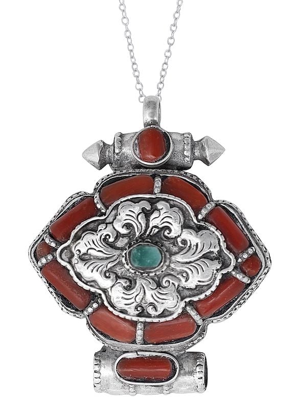 Sterling Silver Gau Box Pendant with Coral and Turquoise Stone