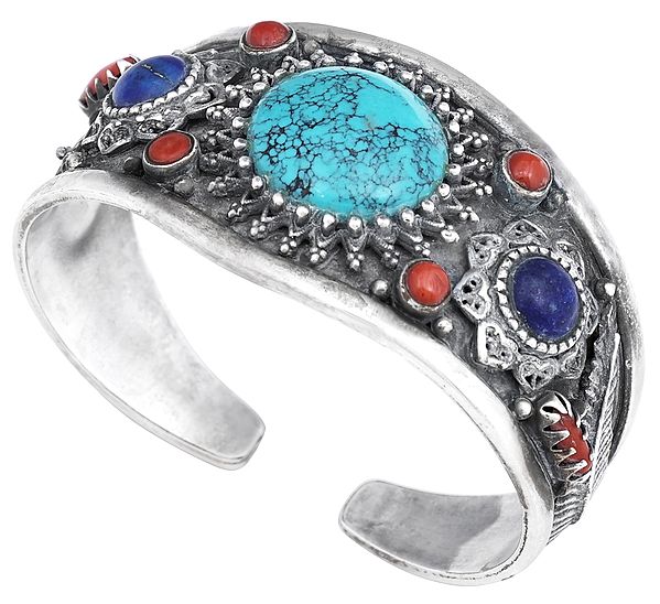 Mandala with Turquoise Lapis Lazuli Coral and Filigree Cuff  Bracelet (Adjustable Size)
