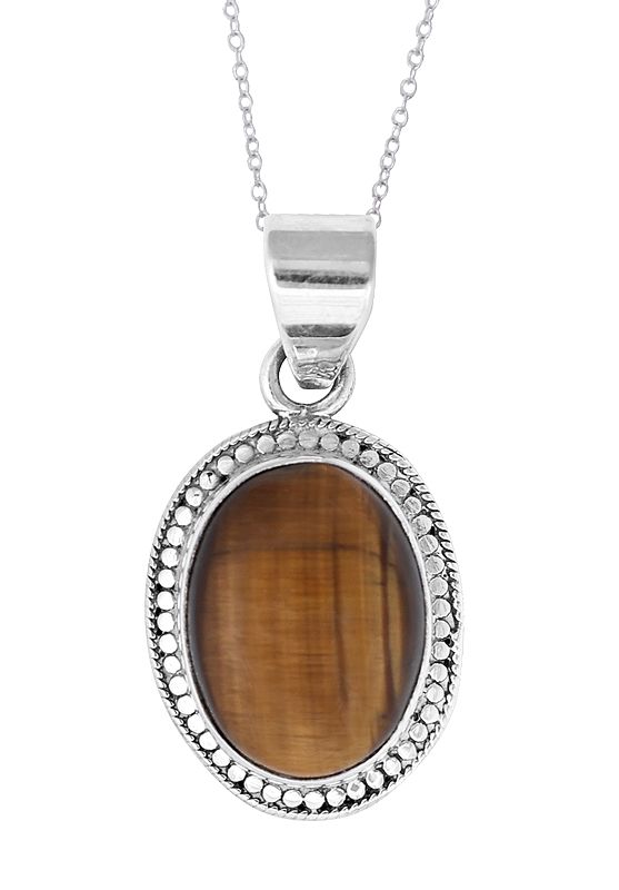 Small Oval Shaped Tiger Eye in Sterling Silver Pendant