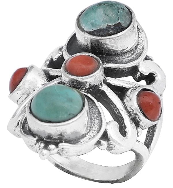 Double Turquoise with Coral Trio Sterling Silver Ring