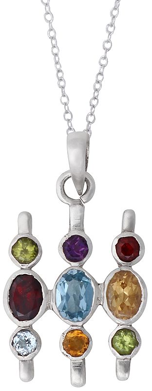 Sterling Silver Pendant Studded with Blue Topaz Garnet Yellow Topaz Peridot and Amethyst