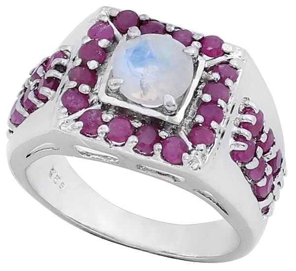 Super Fine Rainbow Moonstone Ring with Rubies Made in Sterling Silver