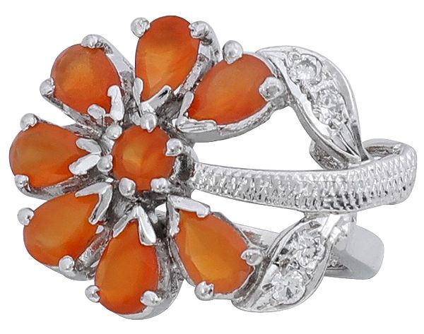 Super Fine Floral Designer Ring with Faceted Carnelian and Cubic Zirconia