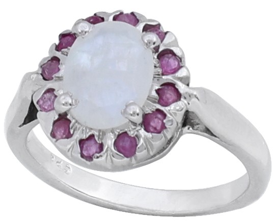 Super Fine Sterling Silver Ring with Rainbow Moonstone and Rubies